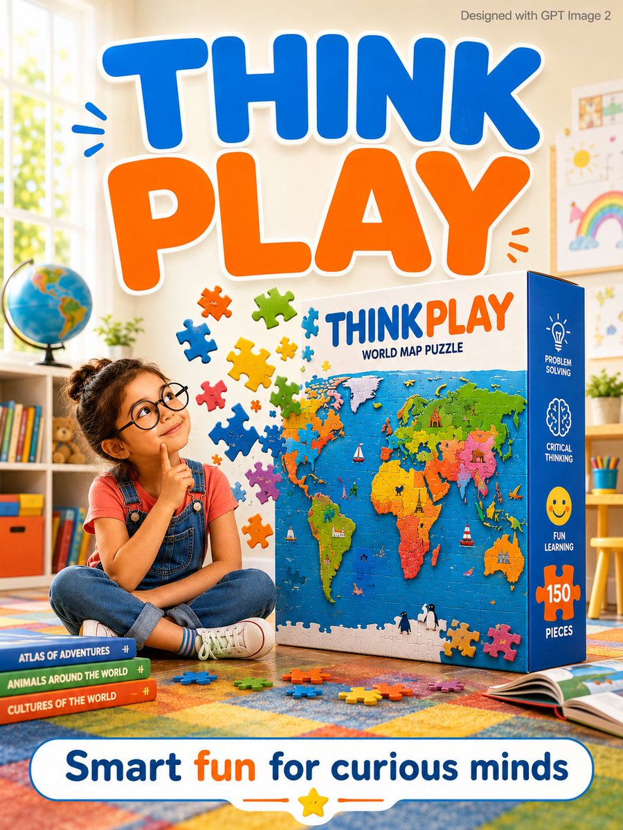 Young girl with round glasses beside a giant world map puzzle box in a bright playroom.