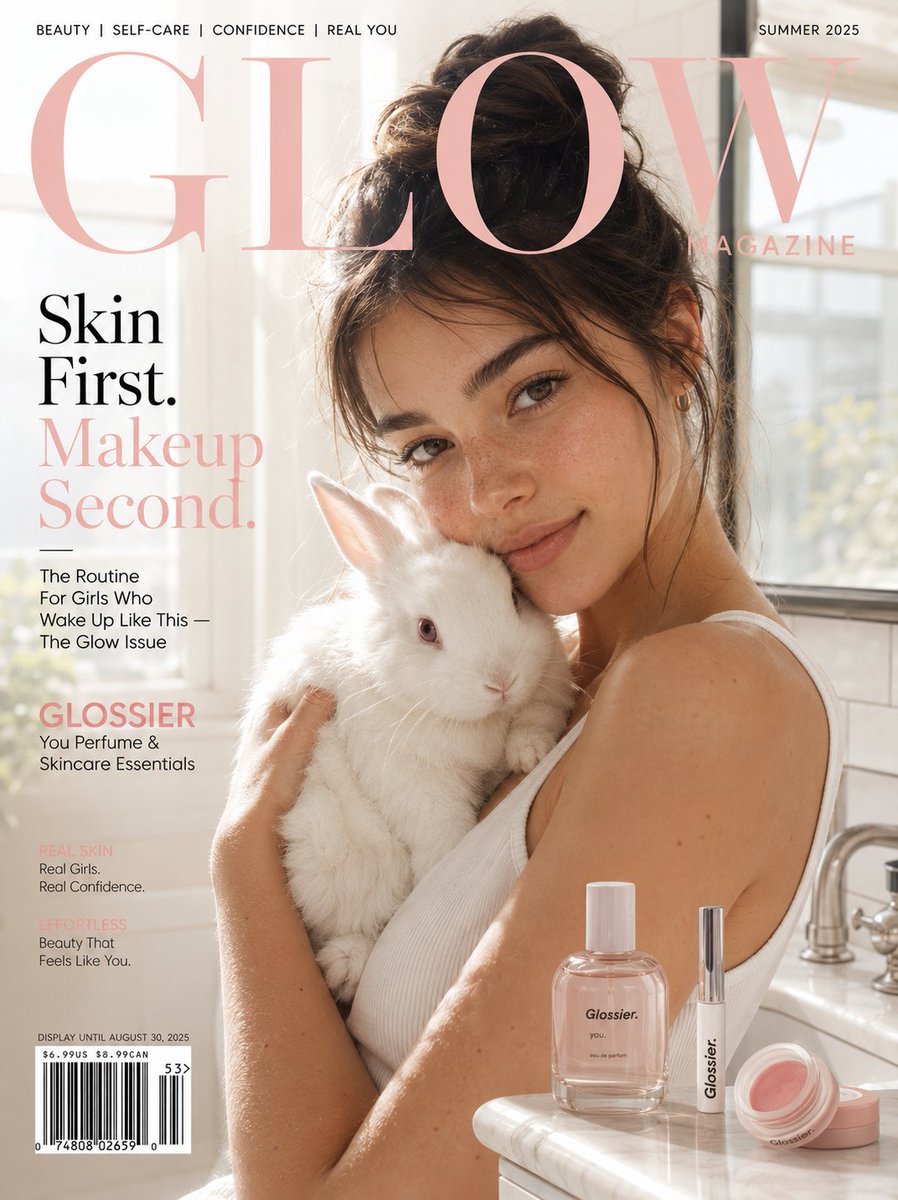 Beauty magazine cover featuring a woman holding a white rabbit beside skincare products.