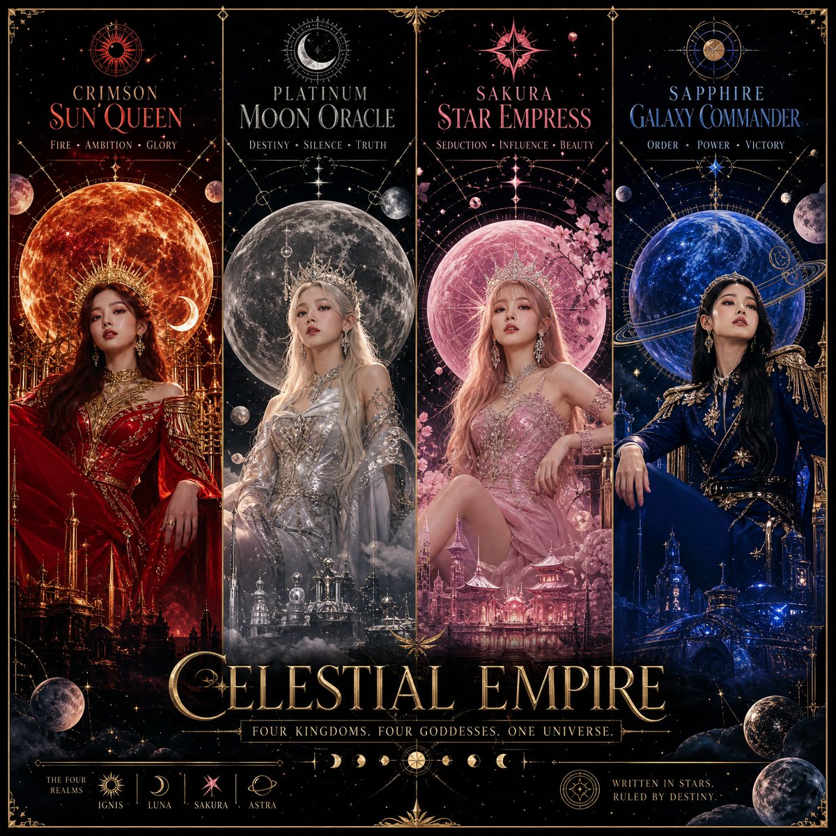 A four-panel celestial K-pop poster with red, silver, pink, and blue themed queens.