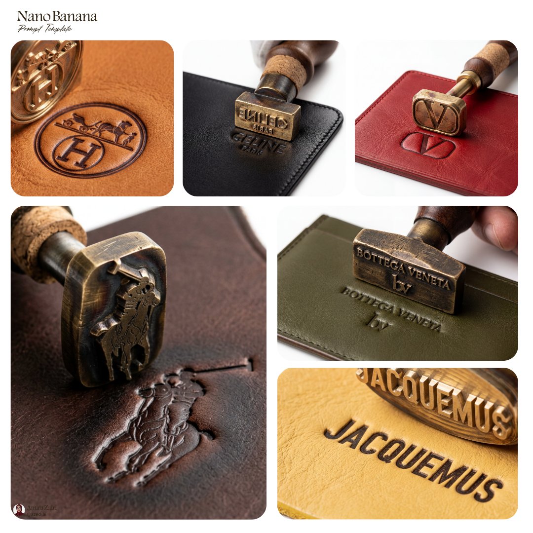 Close-up of brass stamps embossing logos into leather swatches in a product photo collage.