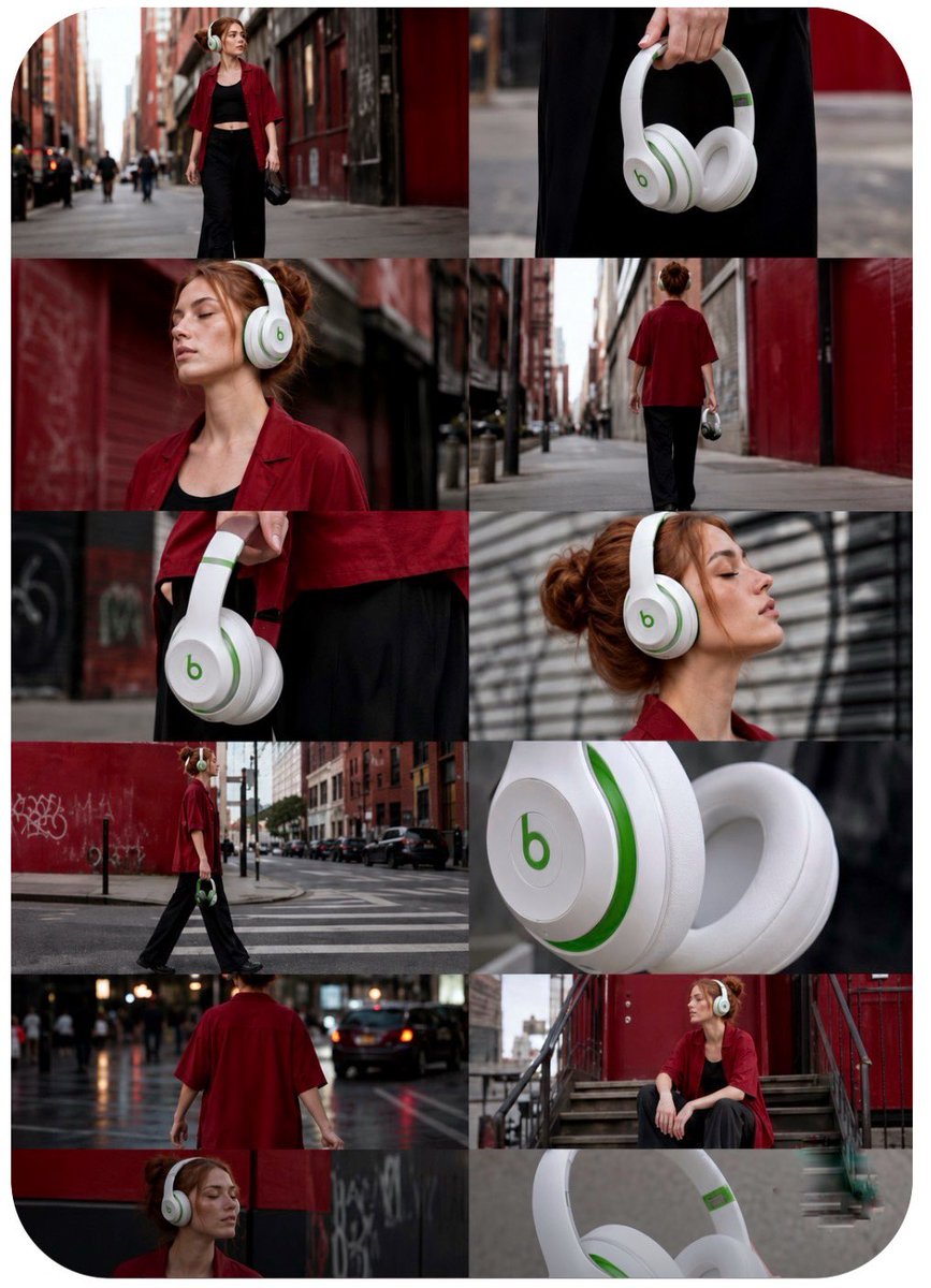 Grid of street-style shots showing a woman wearing and holding white-and-green headphones.