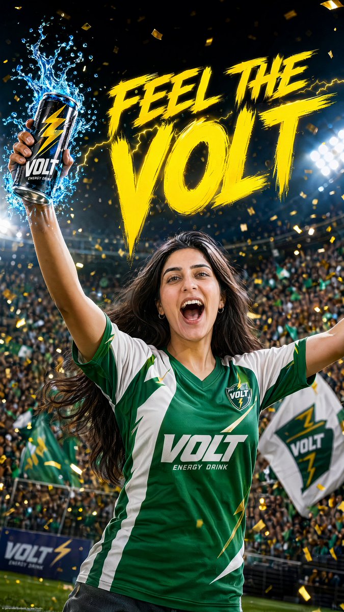 Woman in a green jersey cheering in a stadium while holding a VOLT energy drink can overhead.