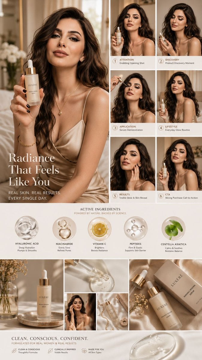 A skincare ad layout with a woman holding serum, step-by-step panels, and ingredient icons.