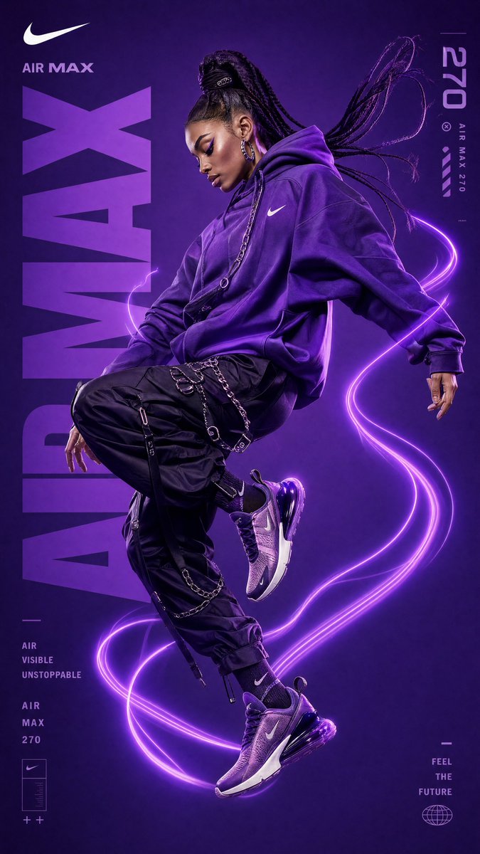 A woman in purple streetwear floats against a purple background with glowing light trails.