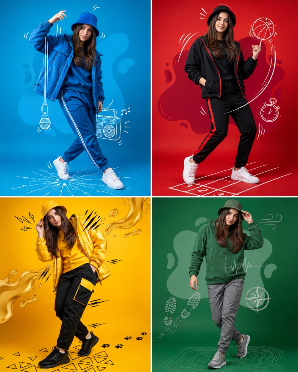 A four-panel grid shows a woman posing in blue, red, yellow, and green streetwear outfits.