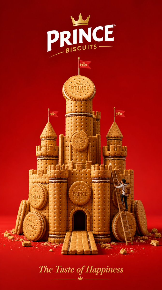 A giant biscuit castle on a red background with a tiny person climbing a ladder.