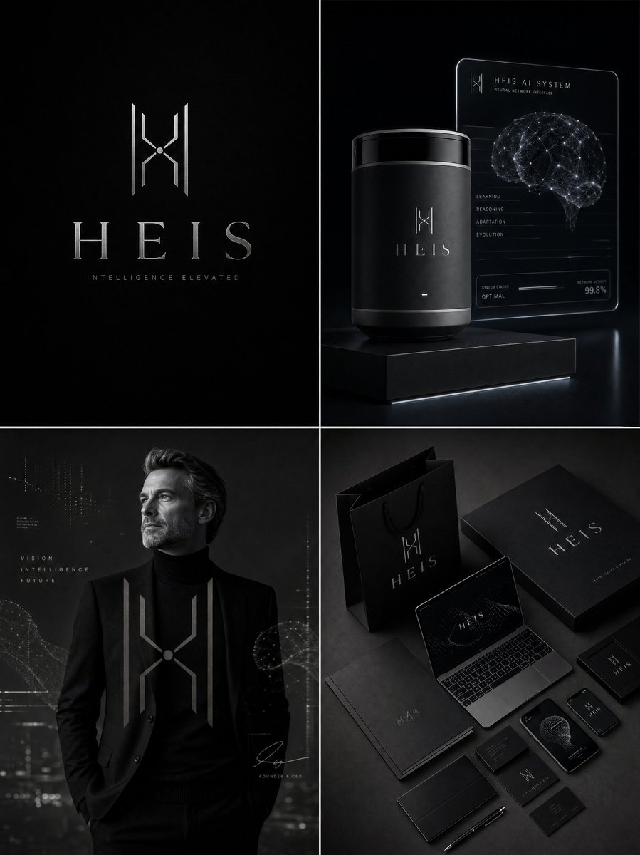 Four-panel black-and-silver branding board showing a logo, device mockup, portrait, and stationery.