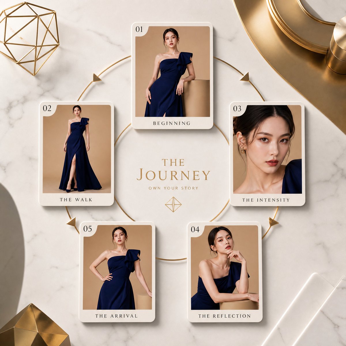Top-down layout of five fashion portrait cards on a marble background with gold accents.