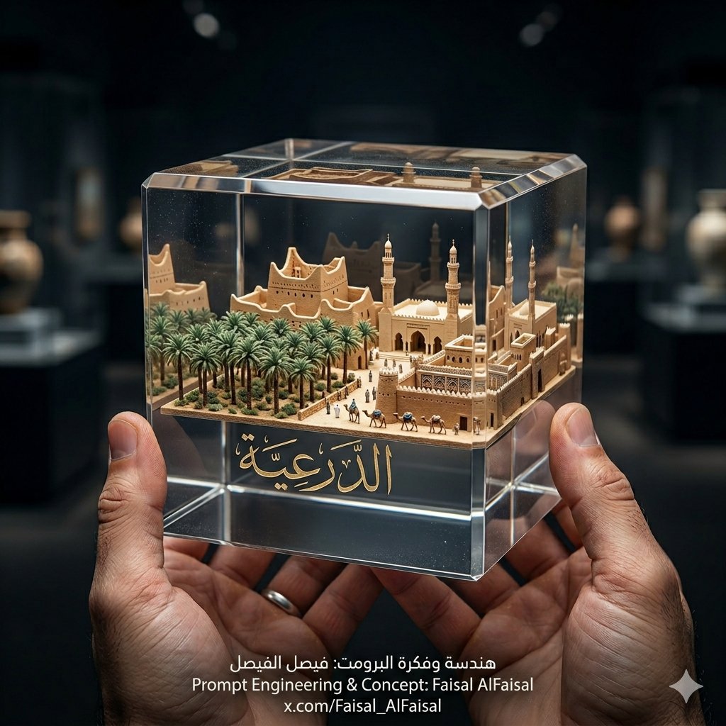 Hands holding a clear crystal cube containing a miniature desert heritage city scene.