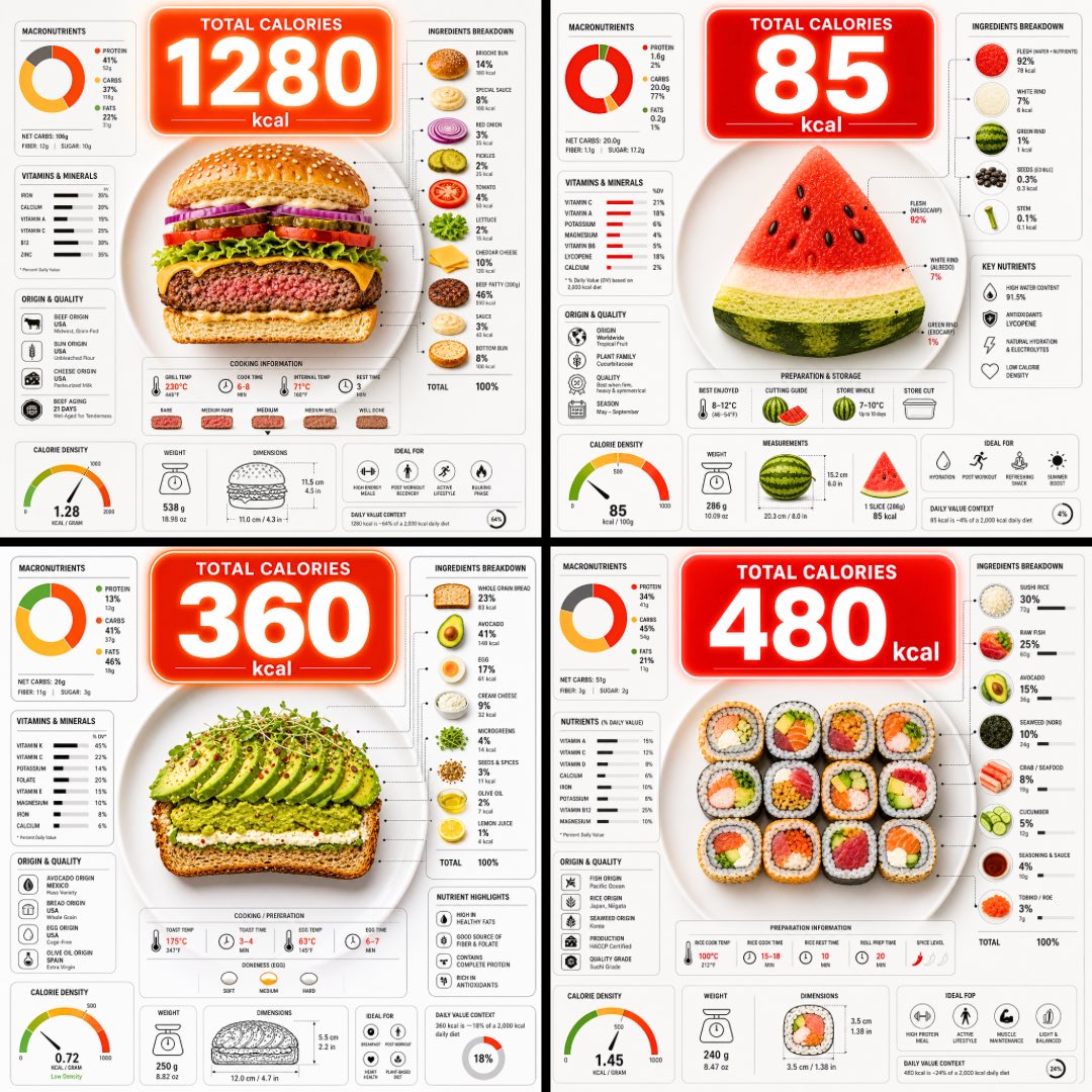 Top-down food infographic with large calorie numbers, nutrition charts, and plated dishes in four layouts.