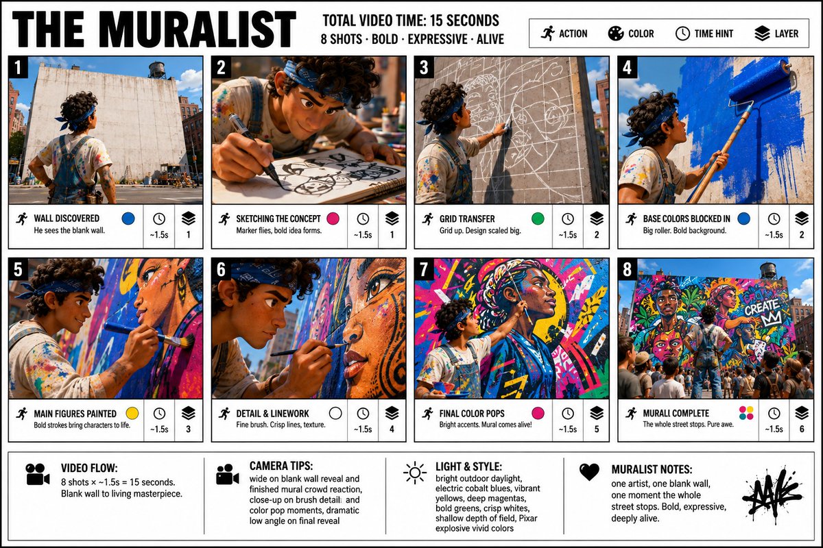 A colorful eight-panel poster shows a muralist painting a wall from sketch to completion.