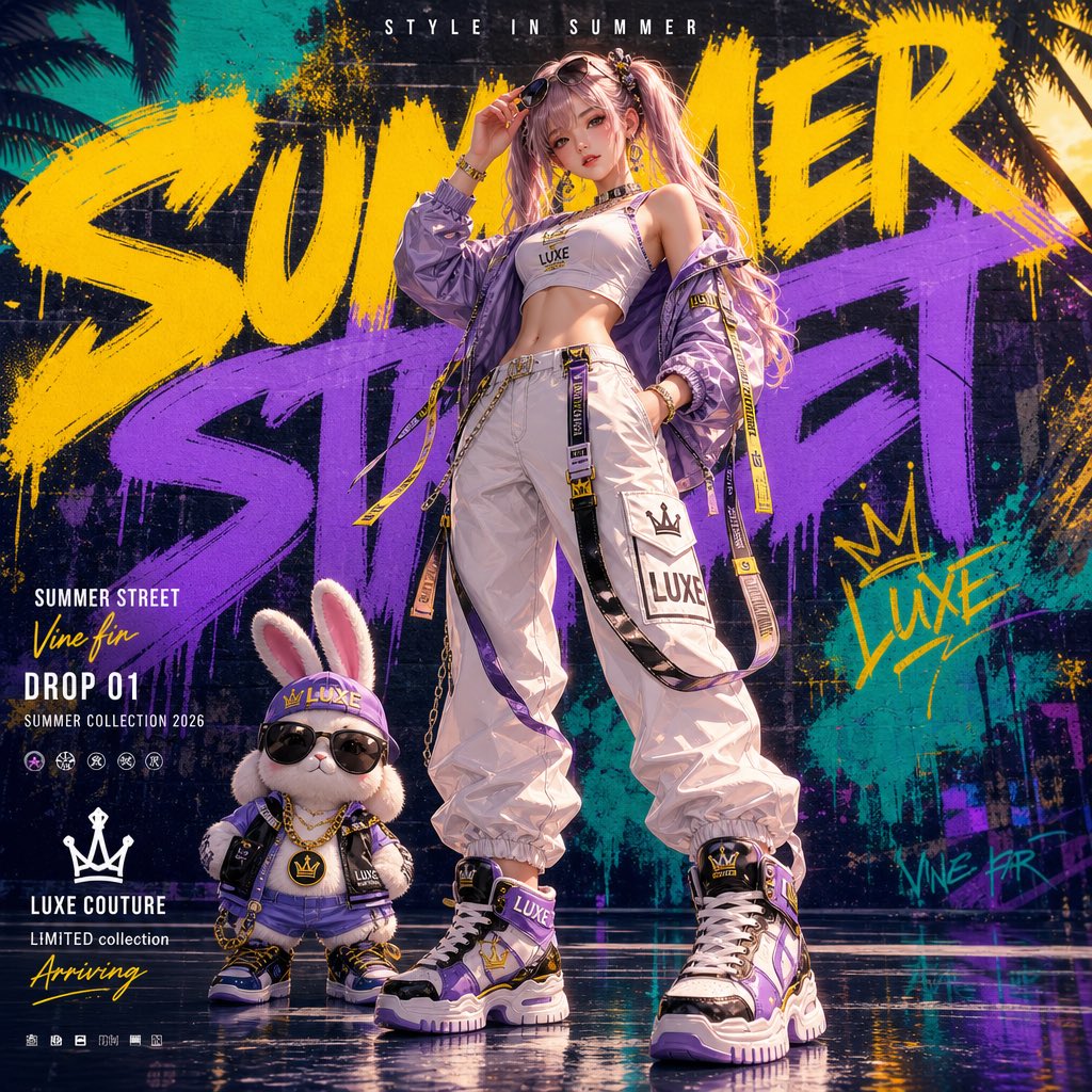 A fashion model stands in front of bright graffiti text with a small mascot beside her.