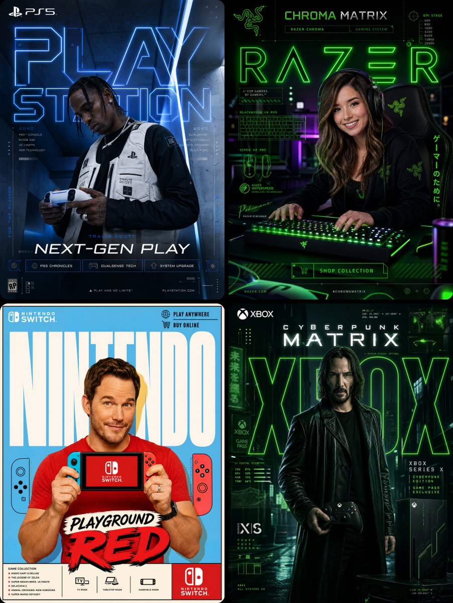 A four-panel set of gaming posters features neon PlayStation, Razer, Nintendo Switch, and Xbox themed designs.