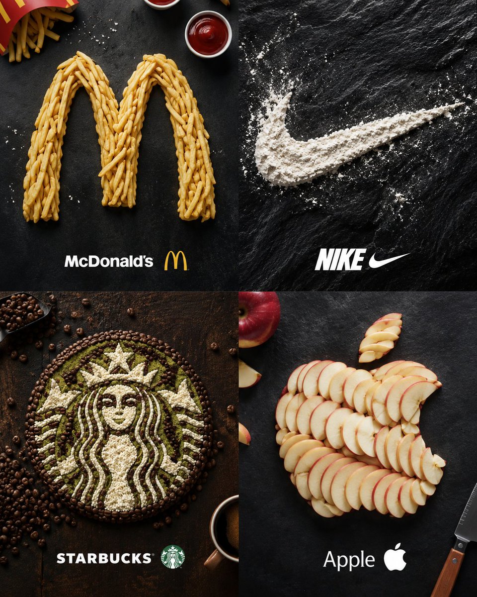 A four-panel collage of famous logos recreated from food ingredients.