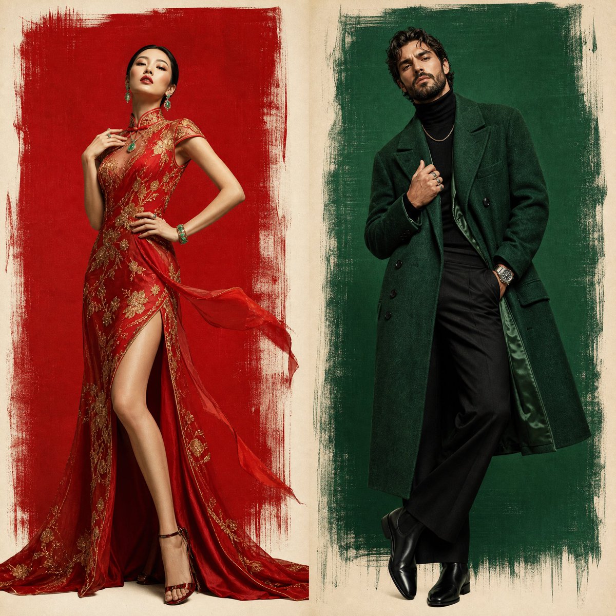 Two fashion models in separate red and green editorial panels on an ivory background.