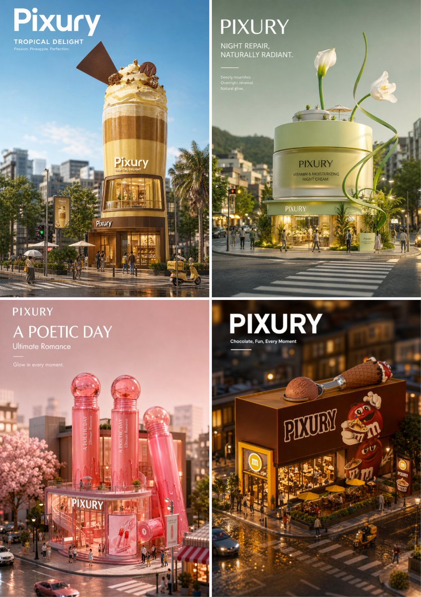 Four mini architecture posters showing Pixury packaging transformed into buildings in city scenes.