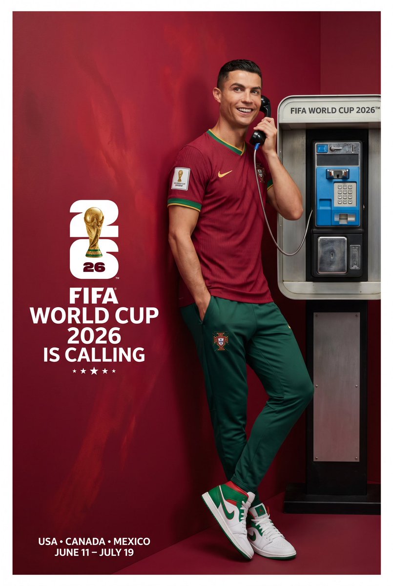 Football poster with Cristiano Ronaldo in Portugal kit speaking on a payphone beside World Cup text.