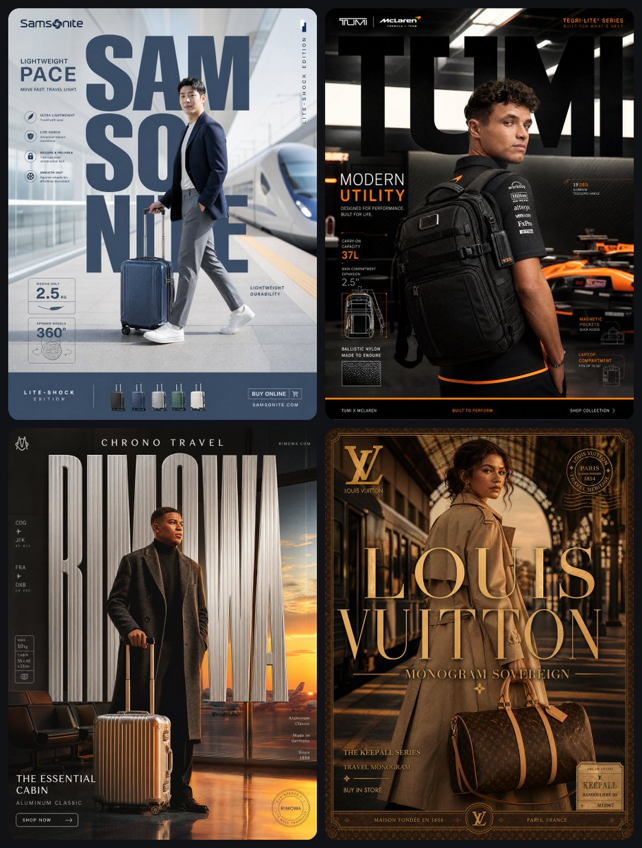 Four-panel luxury travel poster featuring celebrities with Samsonite, Tumi, Rimowa, and Louis Vuitton luggage.