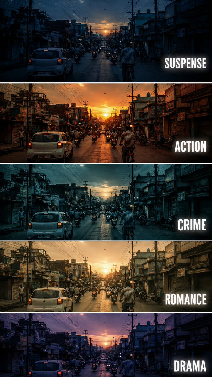 Five-panel vertical poster of the same busy city street graded in different cinematic moods.