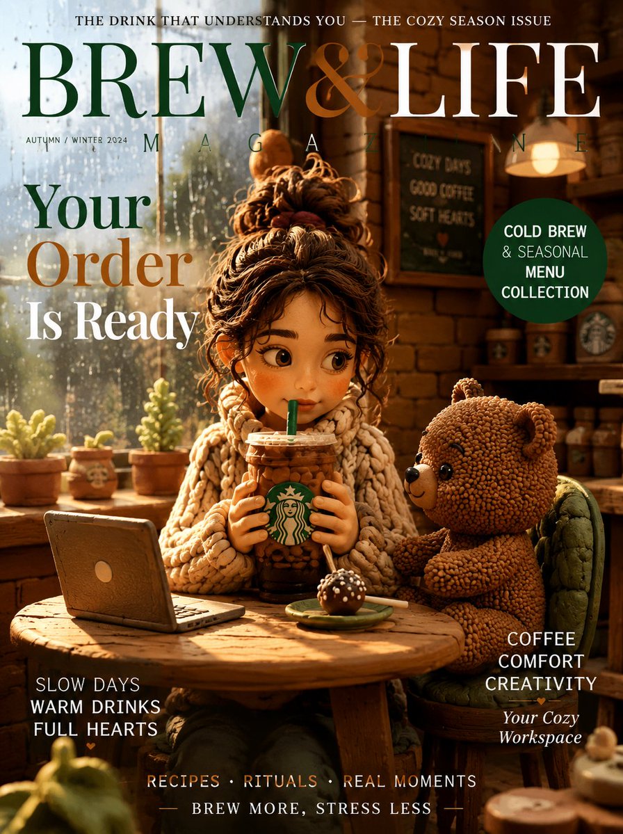 Claymation girl holding an iced coffee beside a teddy bear in a cozy café