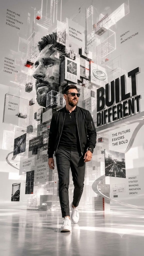 Monochrome poster of a man walking in front of a large mosaic face and bold text.