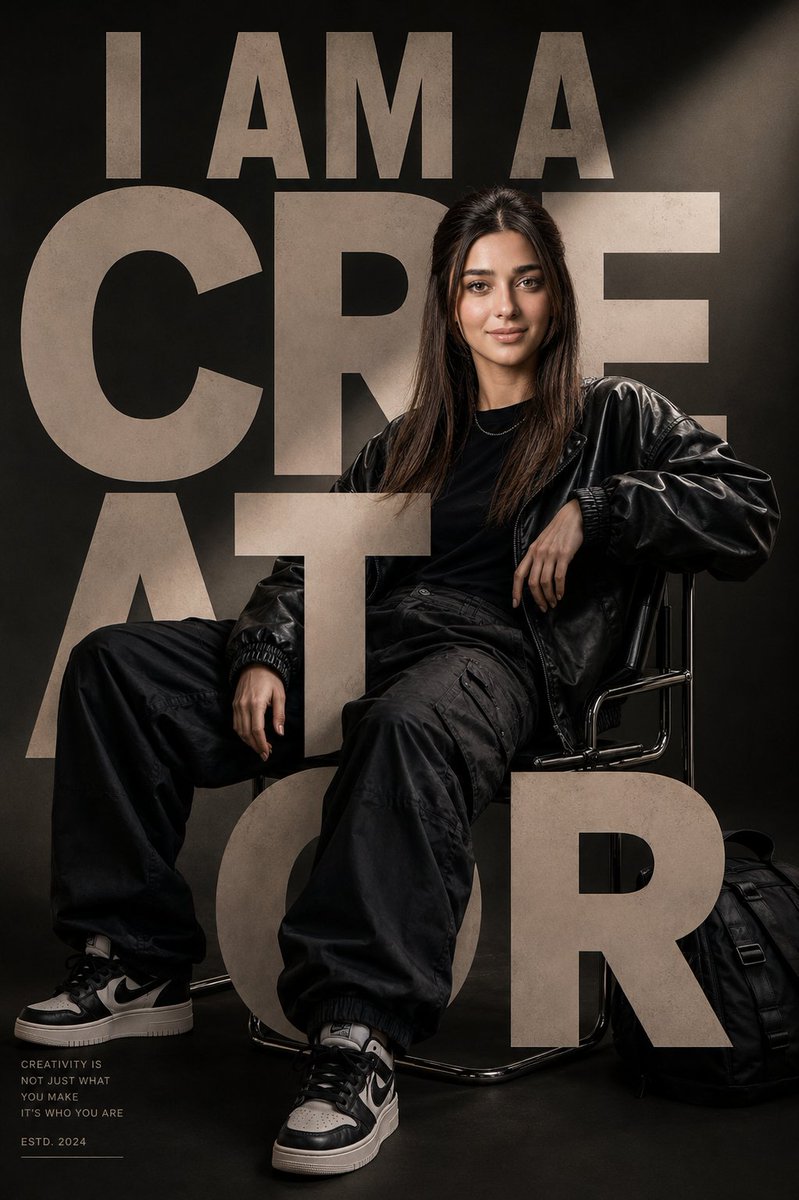 Woman in black streetwear seated on a chrome chair with large creator typography behind her.