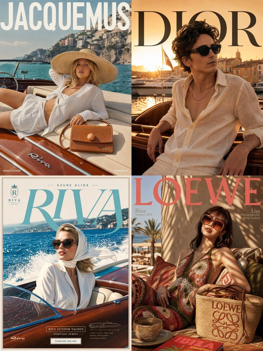 Four-panel summer fashion collage featuring yacht scenes, woven bags, sunglasses, and oversized magazine-style brand text.