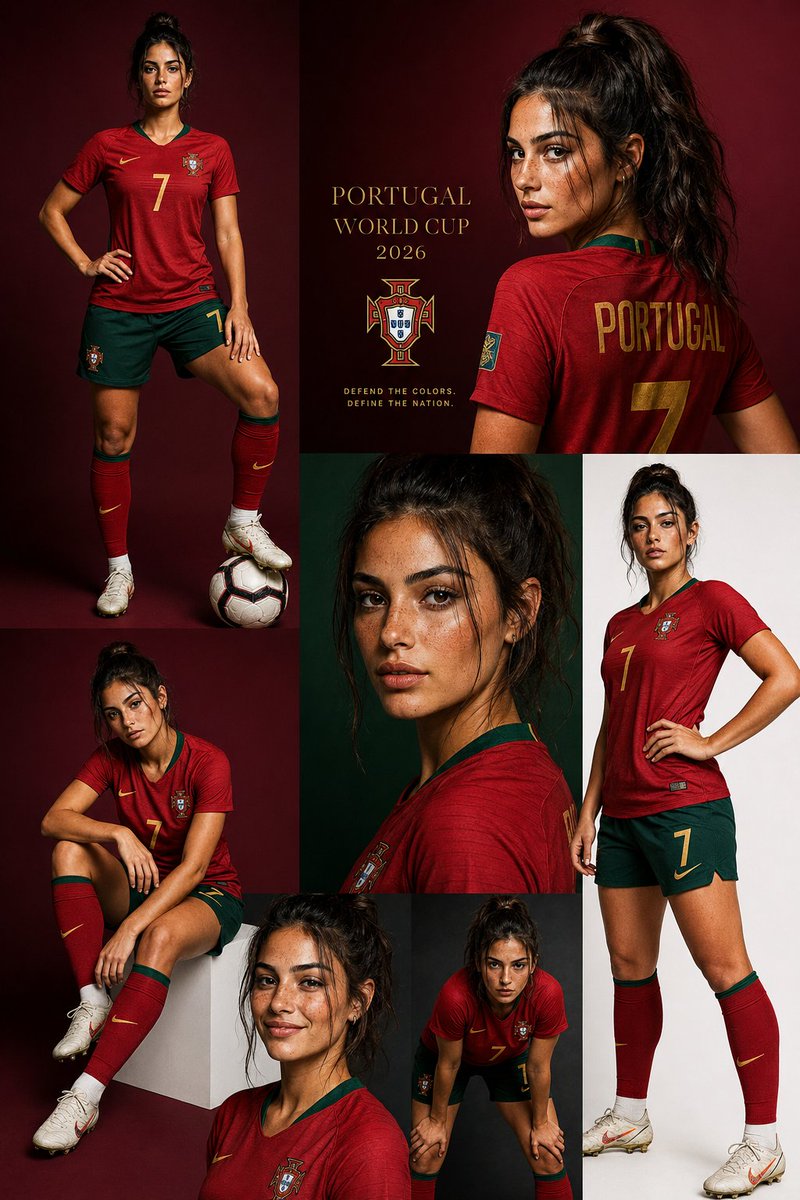 A multi-panel editorial collage of a woman in Portugal football kit against dark red studio backgrounds.
