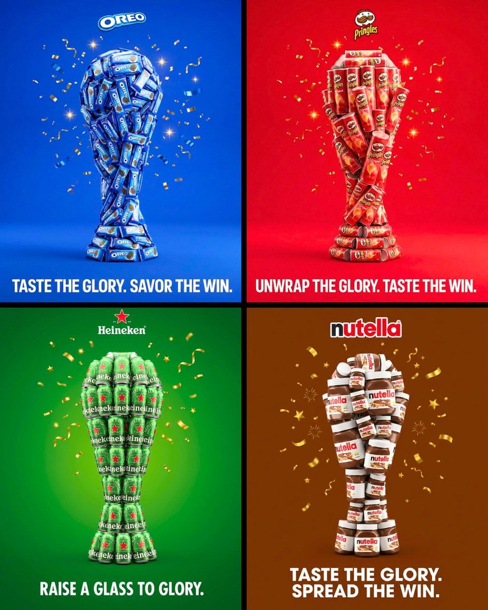 Four brand-color product ads arranged as trophy shapes on solid colored backgrounds.
