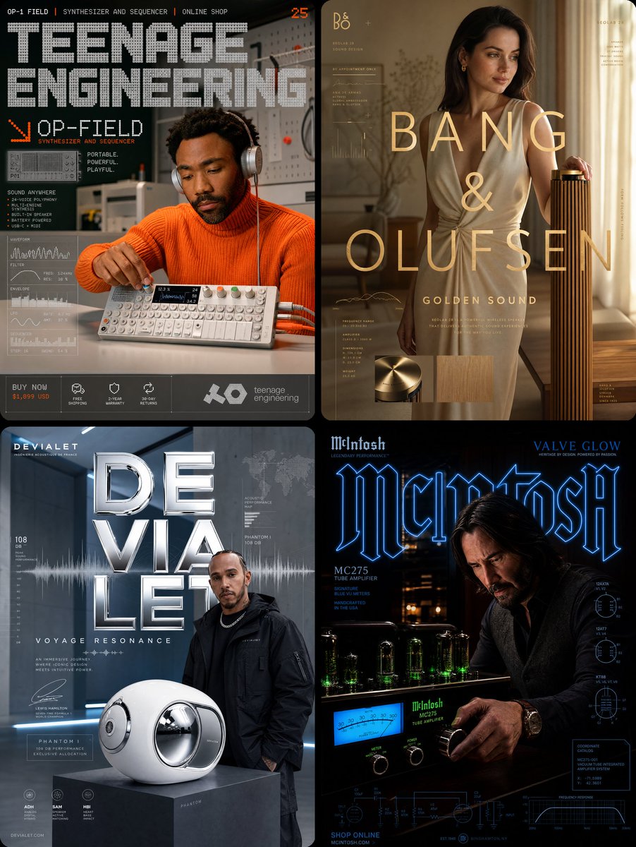 Four premium audio advertisement posters featuring celebrities with headphones and speakers.
