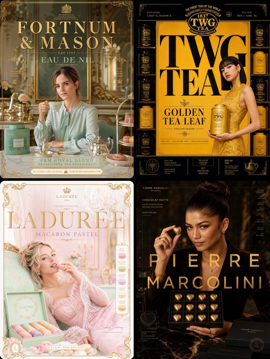 Four luxury food campaign posters for tea, macarons, and chocolates with ornate typography and styled models.