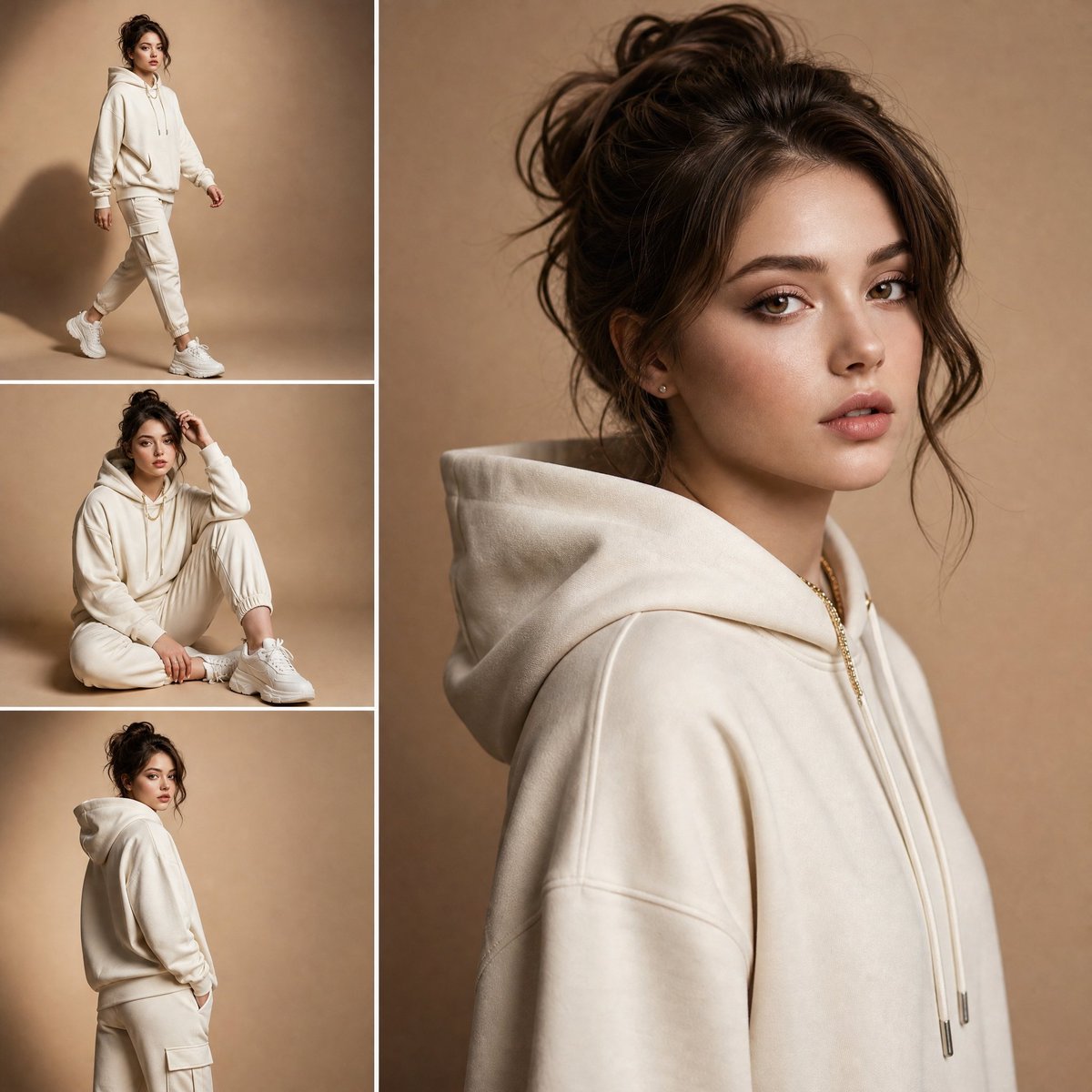 Four-panel fashion collage with cream hoodie outfits and a large close-up portrait on beige background.