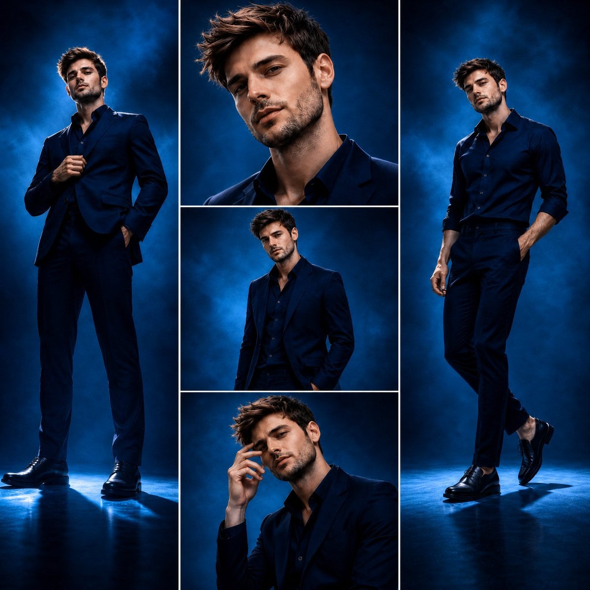 Four-panel fashion collage showing a man in all-black clothing against a blue studio background.