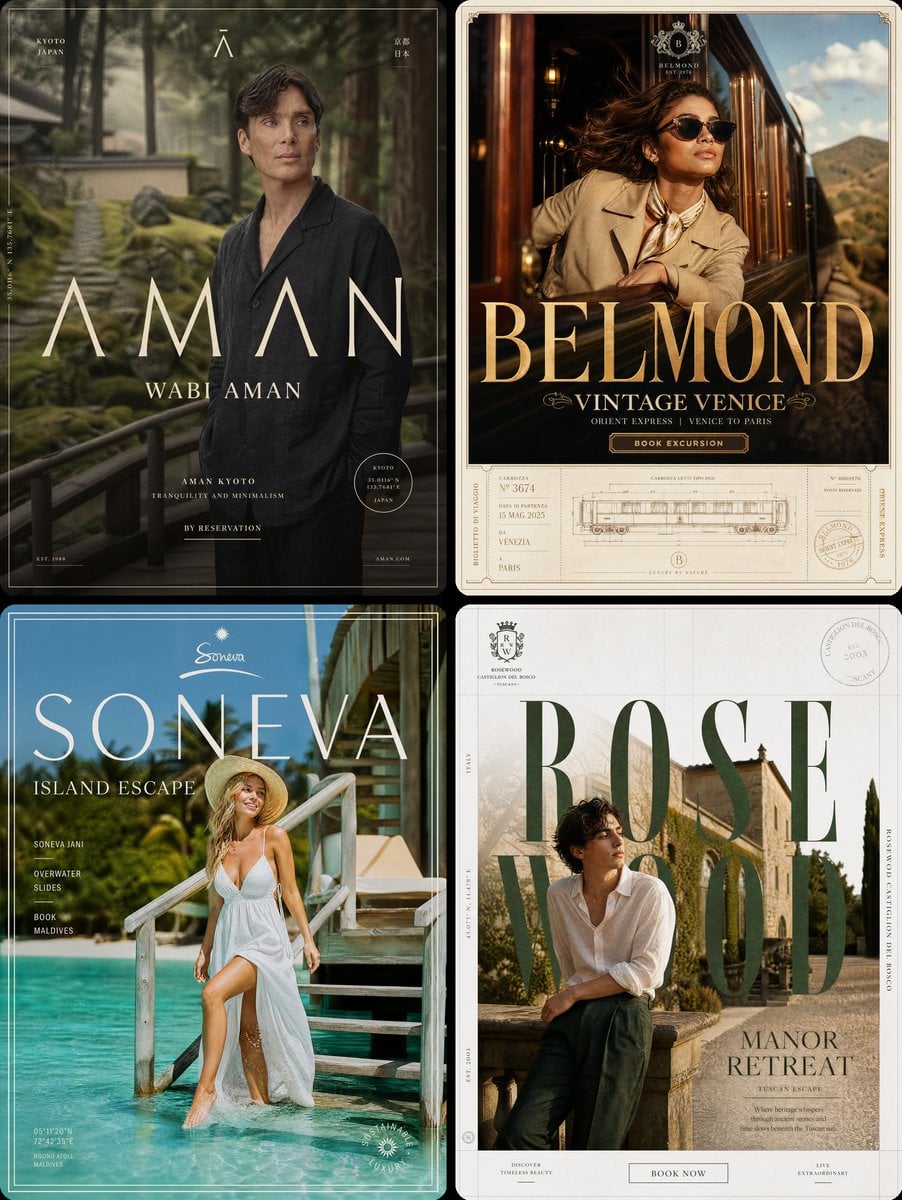 Four luxury travel posters arranged in a 2x2 grid with resort scenes and large branding text