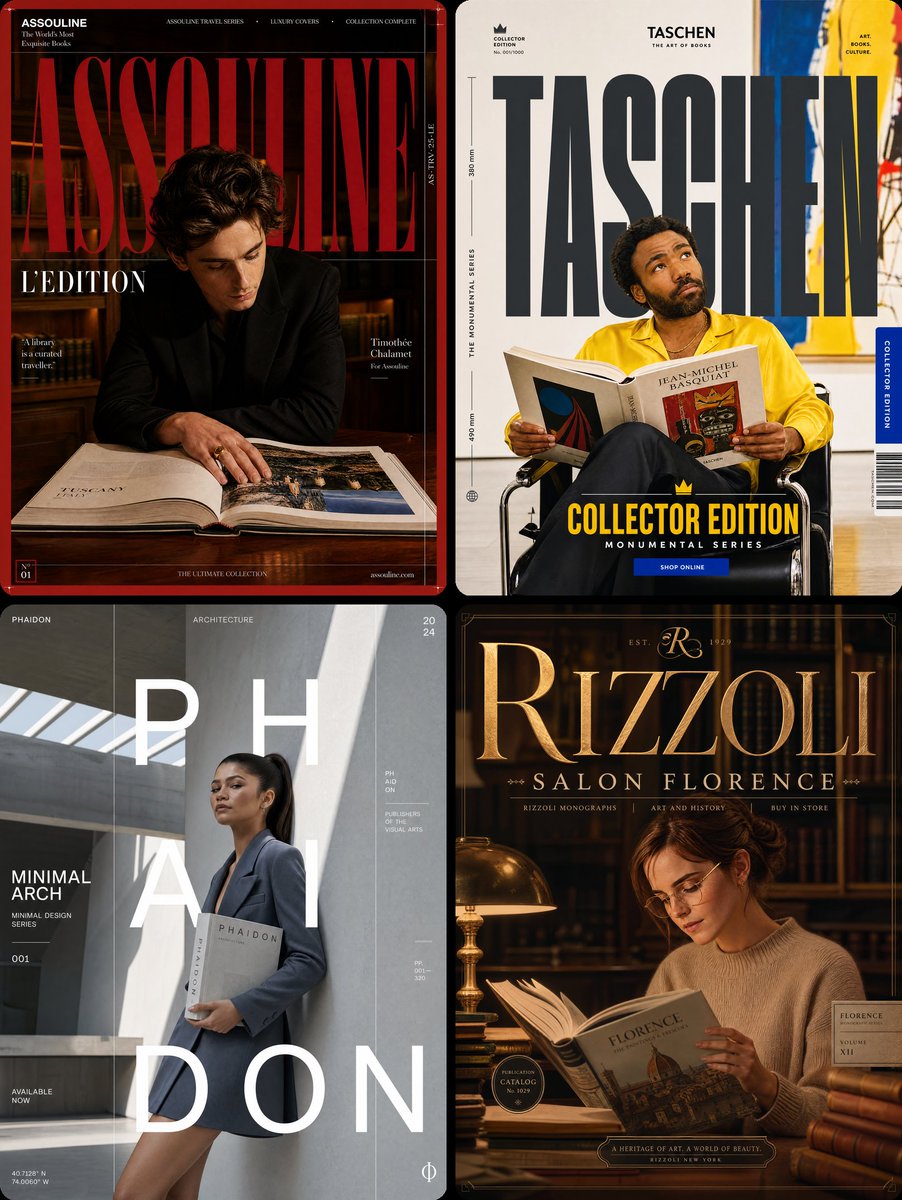 Luxury book-style posters with large brand typography and portraits of people reading books.