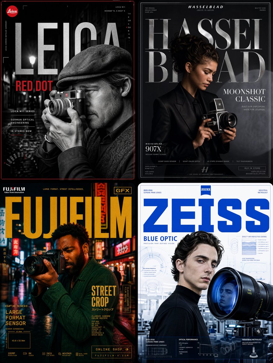 A four-panel collage of luxury camera campaign posters featuring people holding cameras.
