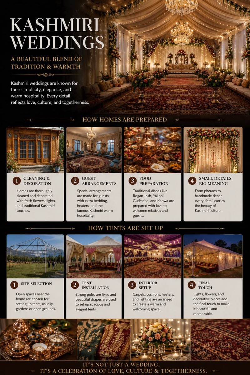 Luxury poster showing a decorated Kashmiri wedding tent with infographic panels below.
