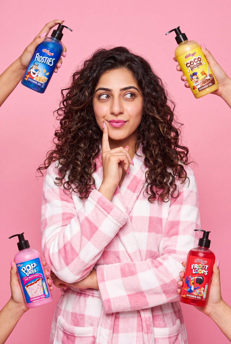 A curly-haired woman poses in a pink robe while four hands hold colorful shower gel bottles around her.