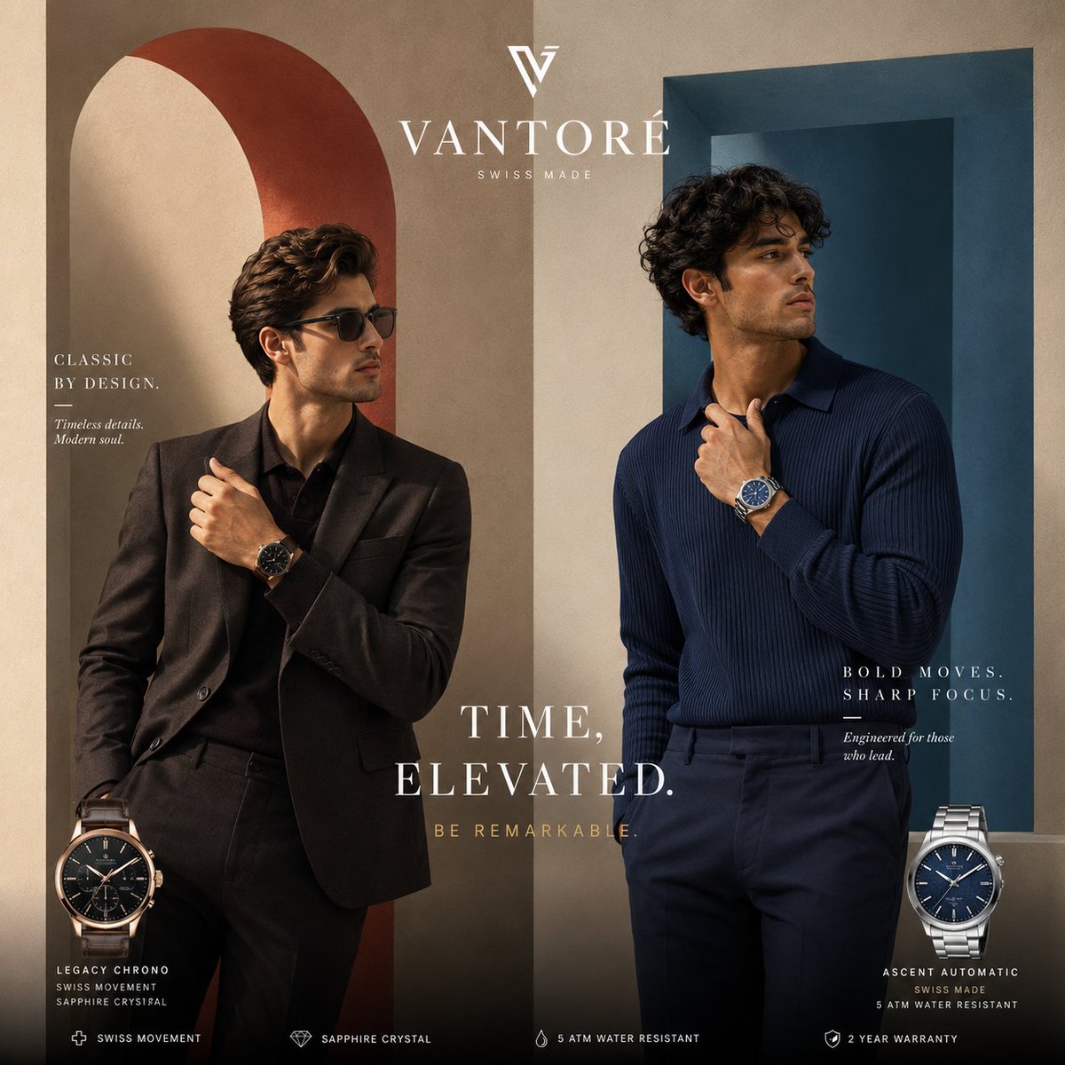 Two men pose in a split luxury fashion poster with brand text and watches near the bottom corners.