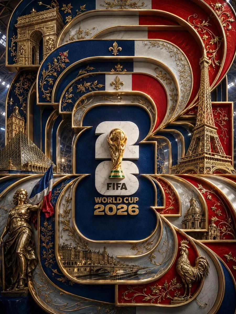 Ornate France-themed 2026 World Cup poster with gold relief landmarks and trophy centered over layered numerals.