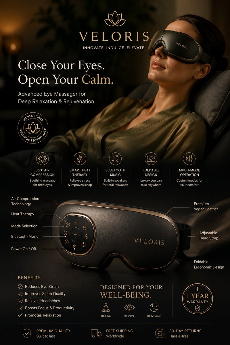 Luxury eye massager ad with a reclining woman, product shot, and feature icons