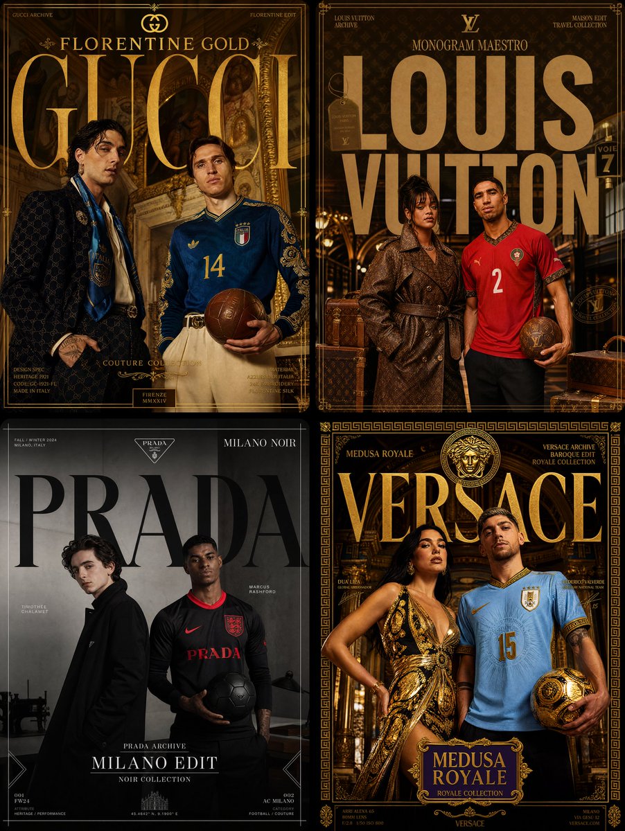 A four-panel collage shows Gucci, Louis Vuitton, Prada, and Versace-style football fashion posters.