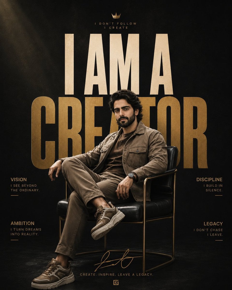 Man sitting in a black chair on a dark poster with large gold text behind him