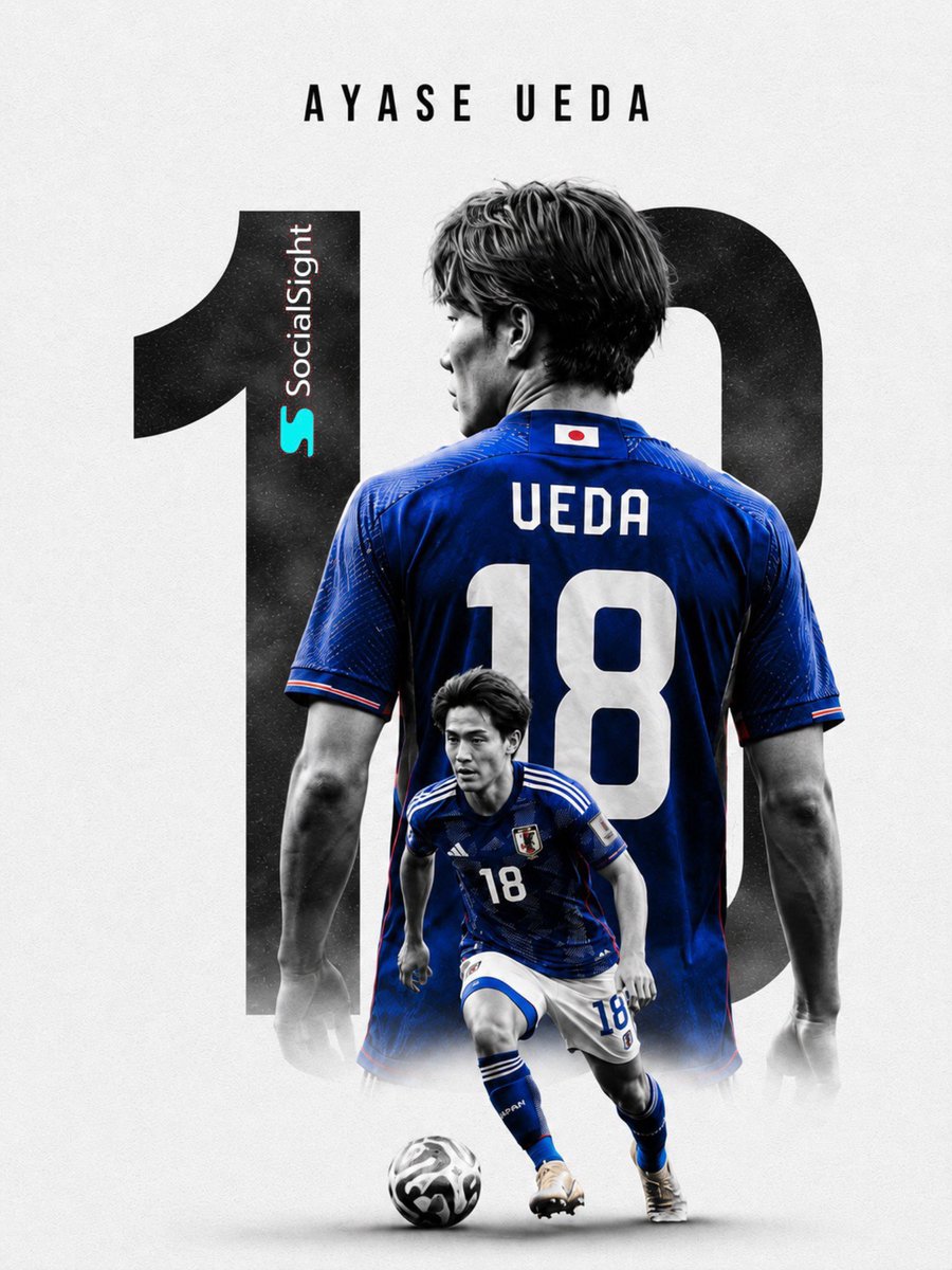 A football poster of Ayase Ueda in a blue Japan jersey with a large number 18 and a smaller action figure in front.