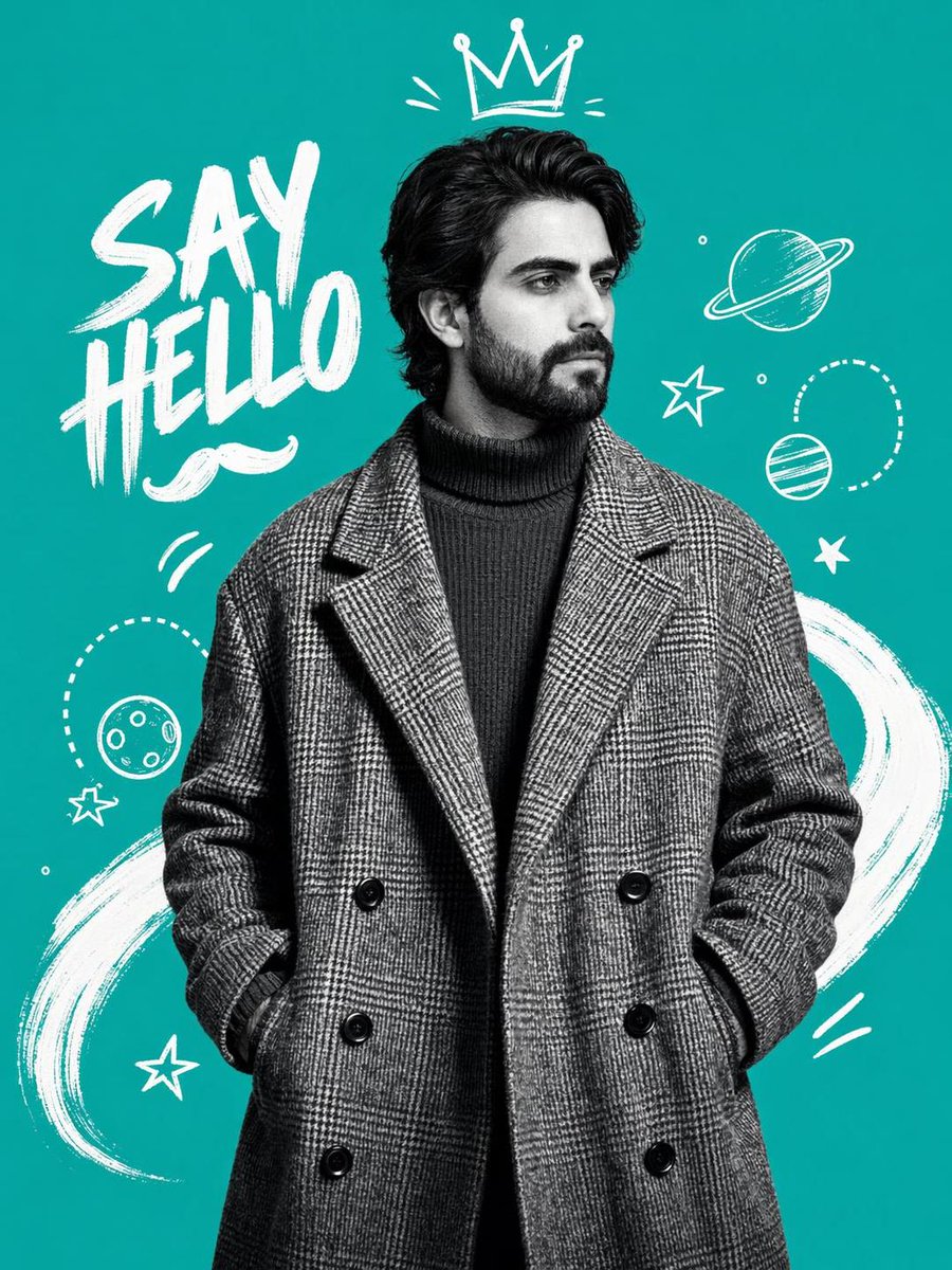 Black-and-white portrait poster of a man in a plaid coat on a teal background with doodles and SAY HELLO text