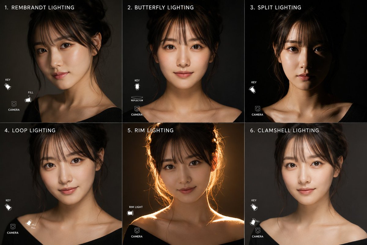 Six-panel portrait lighting chart showing the same woman under different studio lighting setups.