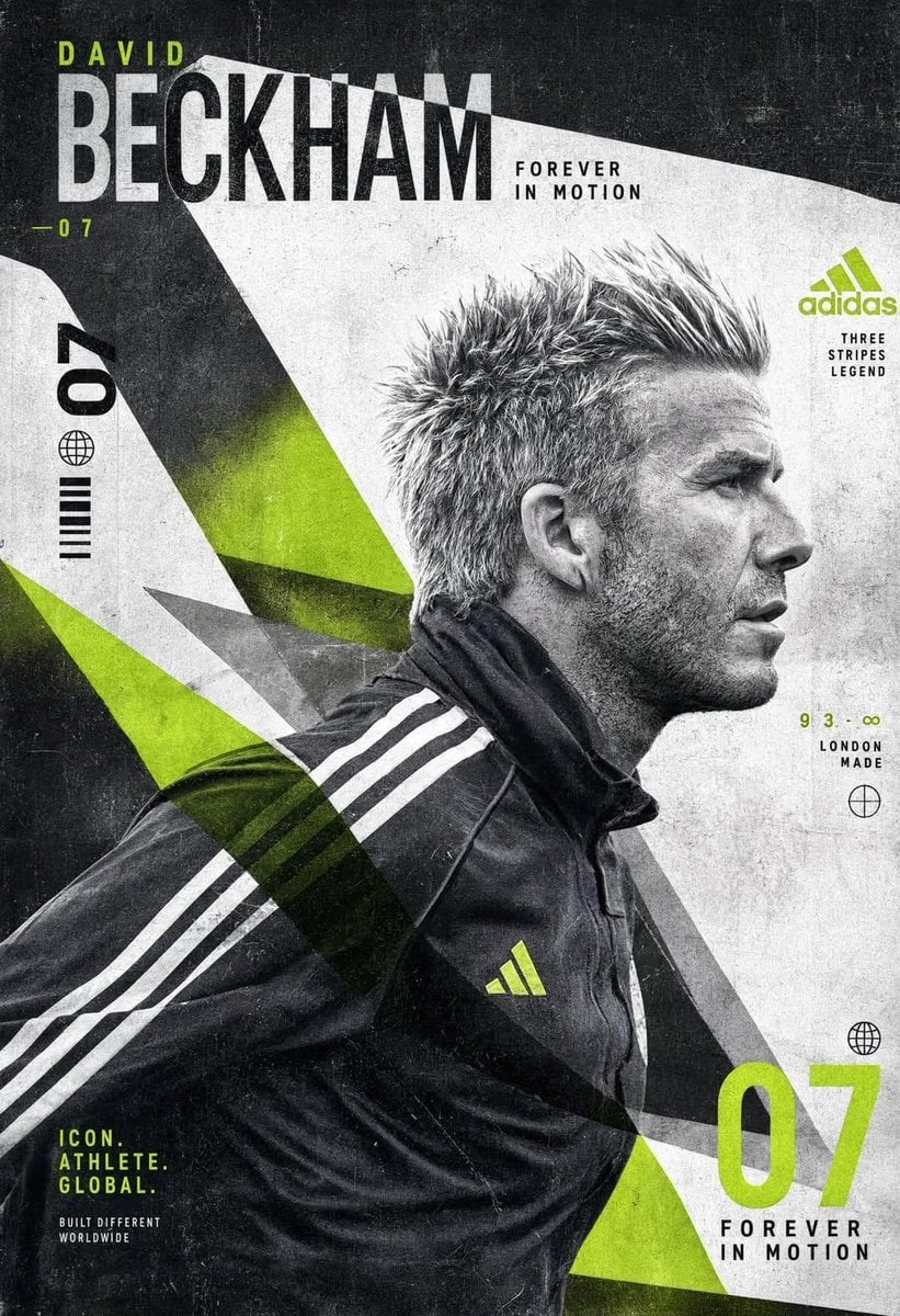 Black-and-white David Beckham side-profile poster with neon green geometric shapes and bold typography.