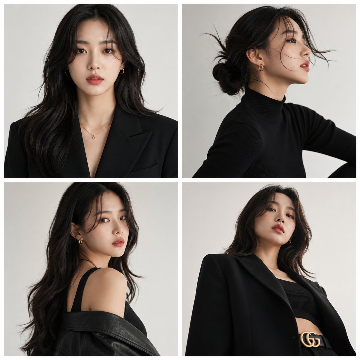 A 2x2 grid of a woman in black outfits posing against a plain light background.