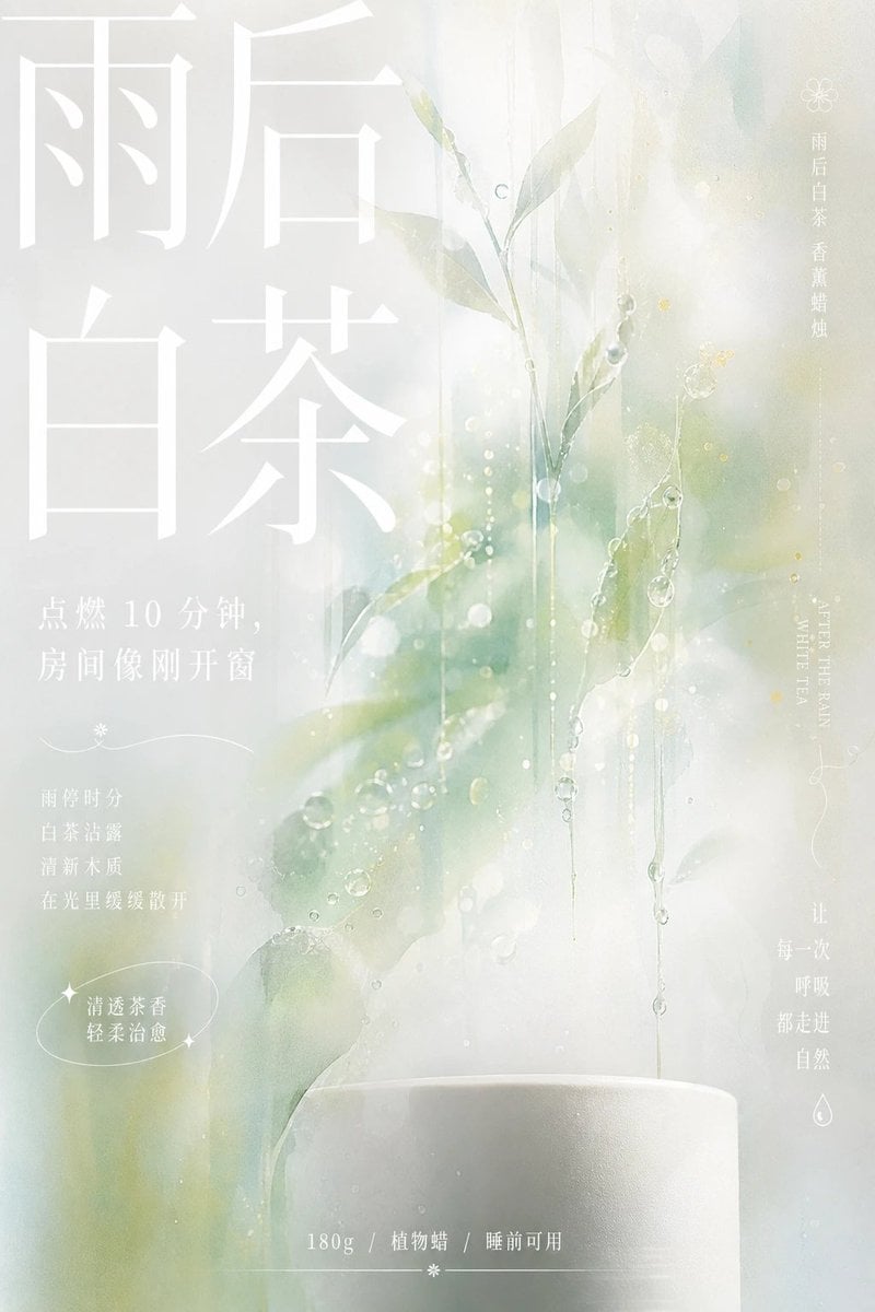 Minimal tea poster with pale green leaves and large white Chinese text