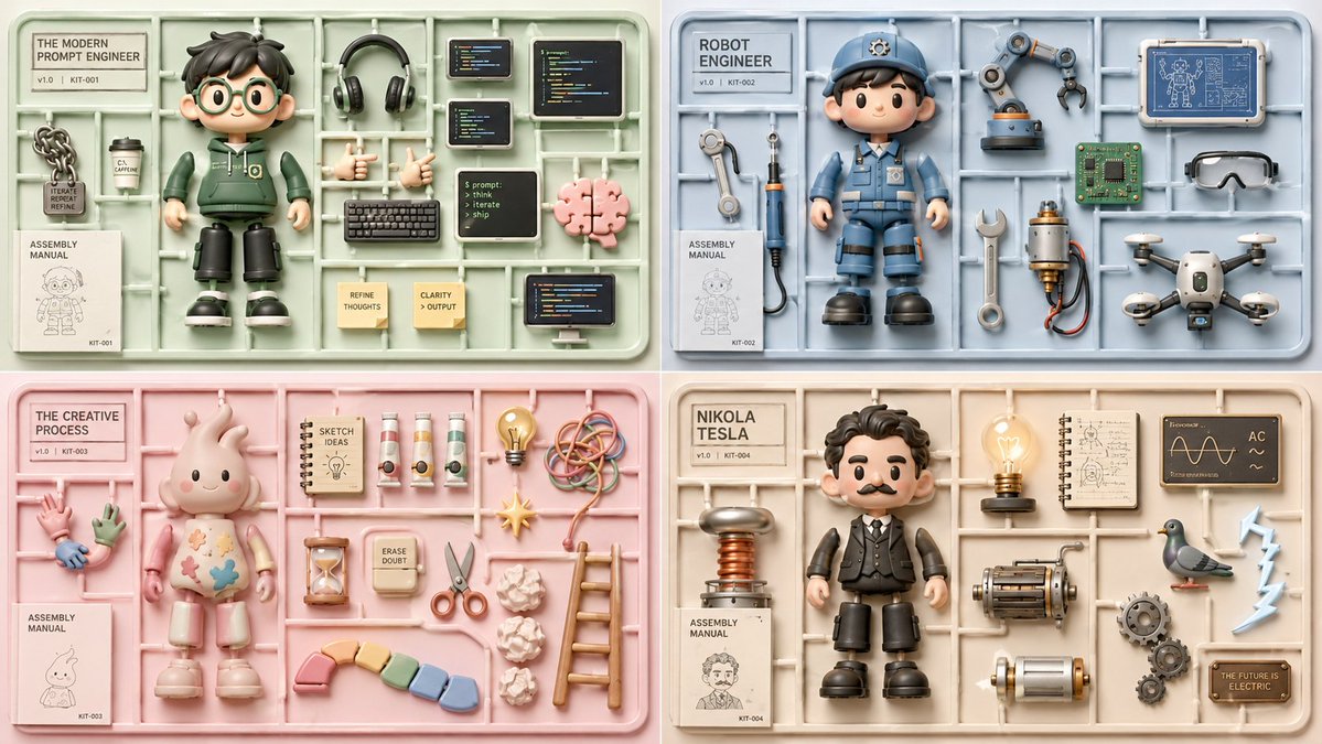Four pastel toy sprue layouts with disassembled character figures and organized themed accessories.